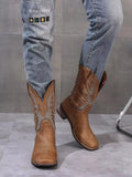 Fall/Winter Plus Size Men Square Toe Wide-Last Western Boots, Chunky Heel Cowboy Boots With Laser Embroidery, Brown