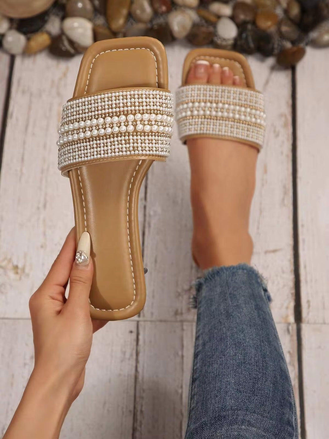 Korean Style Crystal Flat Slippers For Women, Summer Open Toe New Fashion Fairy Sandals,Beach Outfits
