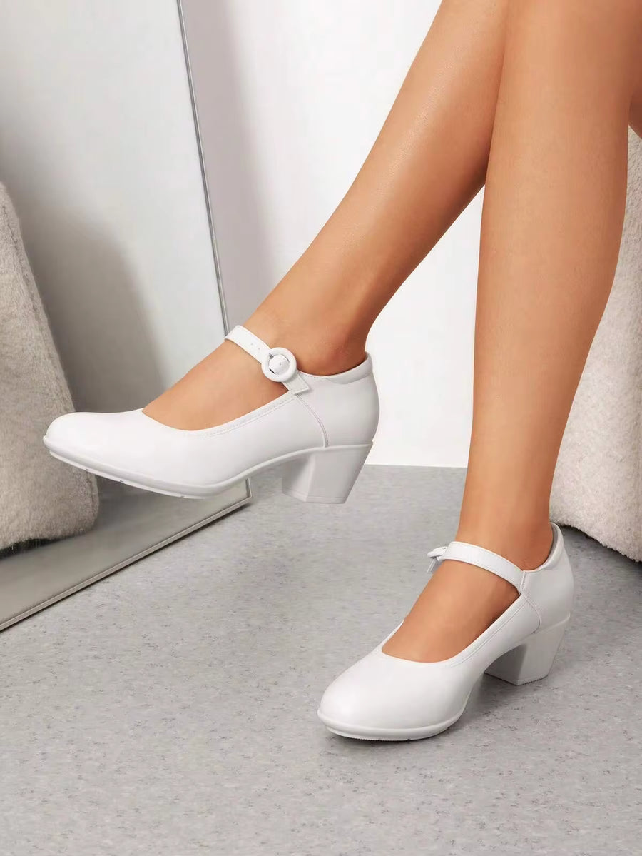 Women's Pumps Low Chunky Mary Jane Heels Closed Round Toe Solid Color Comfortable Dating Work Dress Shoes