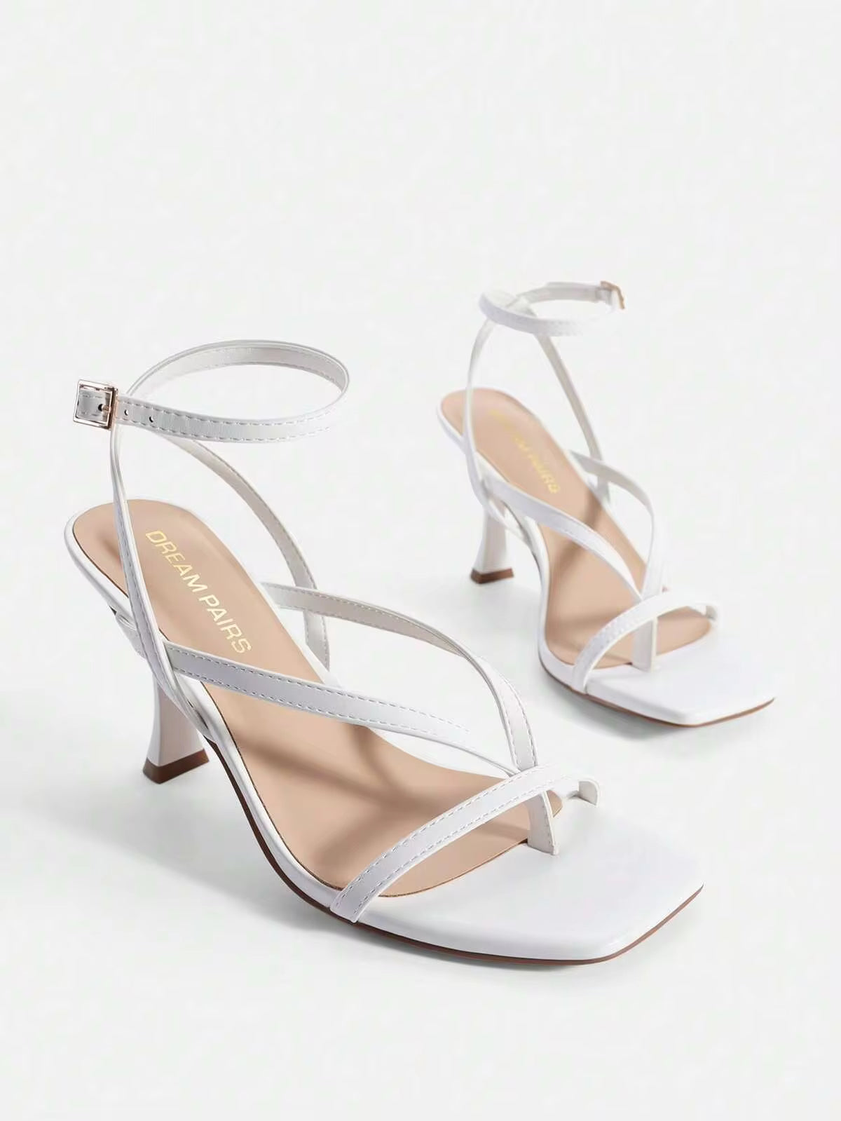 Women Kitten Heel Thong Sandals, Fashion Square Toe Ankle Strap High Heeled Sandals For Wedding Party Casual Wearing