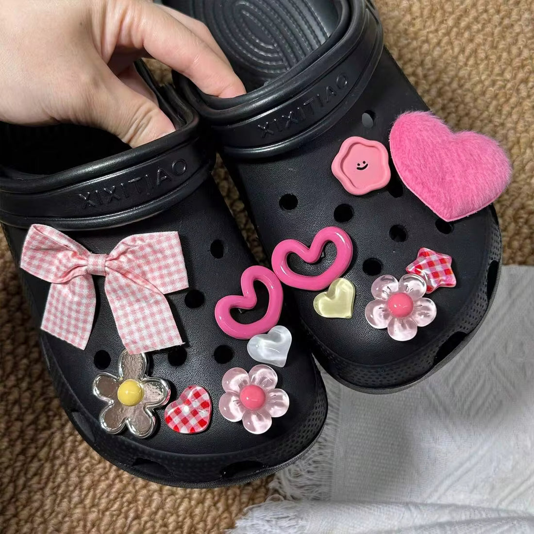 12pcs Cute Y2K Plush Heart, Bow, Star Shape Shoe Charm Accessories, Suitable For Beach Sandals