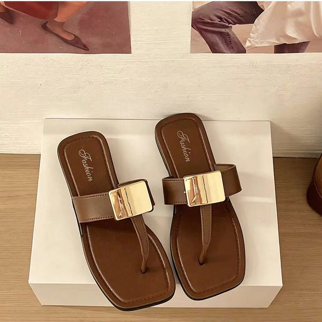 French Elegant Metal Square Buckle Flip Flops For Women, Flat Casual Commuting Holiday High-Quality Sandals For Summer