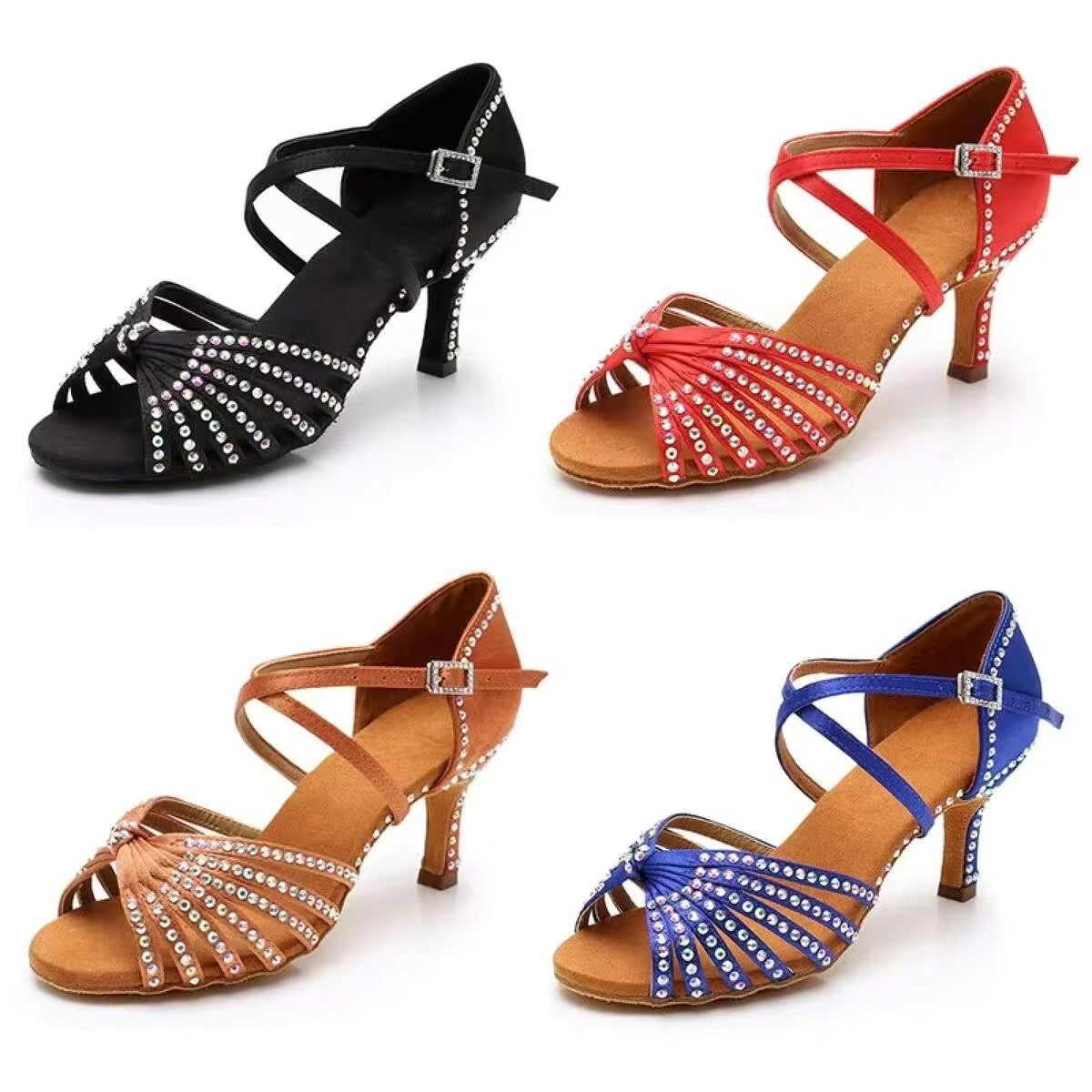 Women's Crystal Embellished Ballroom Latin Dance Heels, Comfortable Strappy Dance Shoes In Multiple Colors For Salsa, Party & Performance