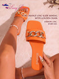 LangMoon Ashlee LangMoon 2026 Bright Orange Square Toe Rhinestone Thick Metal Chain Flat Slide Sandals, Soft Sole Luxury Outdoor Slippers, All Seasons Beach Vacation